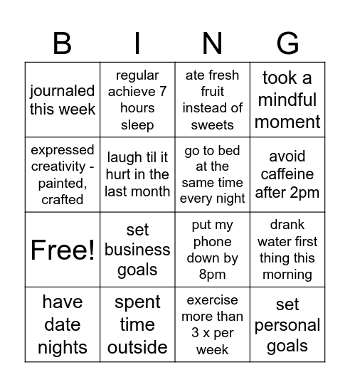wellbeing bingo Card
