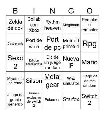 Nintendo direct Bingo Card