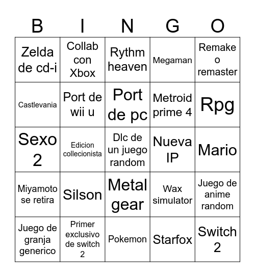 Nintendo direct Bingo Card