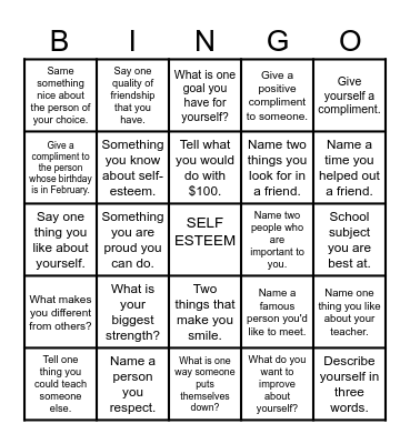 Self-Esteem Bingo Card