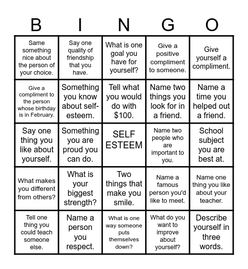 Self-Esteem Bingo Card