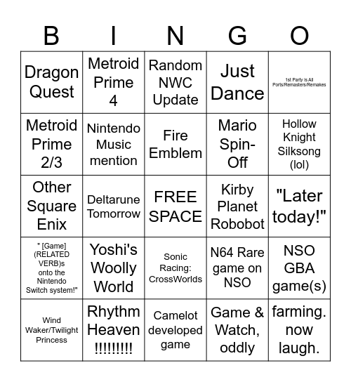 Nintendo Direct April 2024 Bingo Card