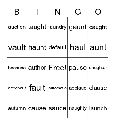 AU Words Bingo Card