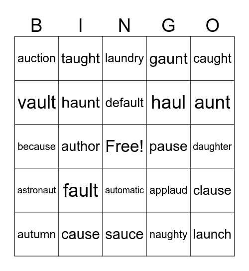 AU Words Bingo Card