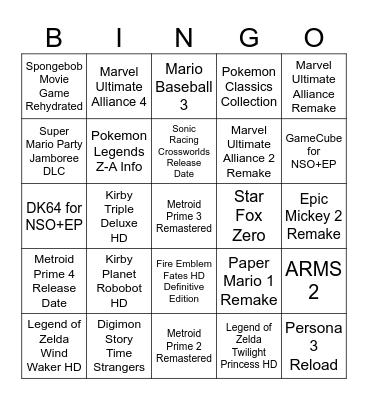 Nintendo Switch Direct 3/27/25 Bingo Card