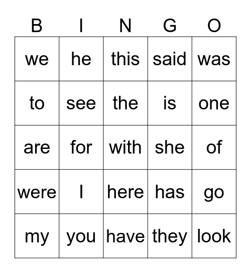 Tricky words Bingo Card