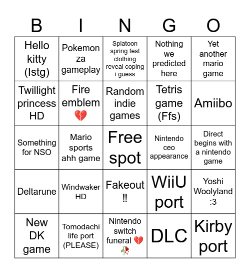 Nintendo Direct 27/3 Bingo Card