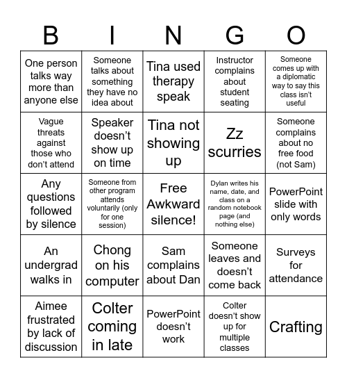 Teaching class Bingo Card
