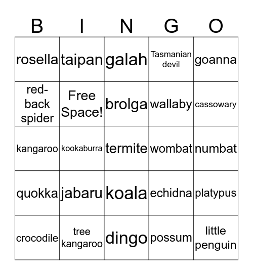 Australian Animals Bingo Card