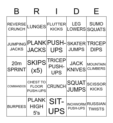 Holly's Bridal Bingo Workout Bingo Card