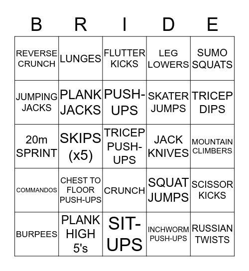 Holly's Bridal Bingo Workout Bingo Card