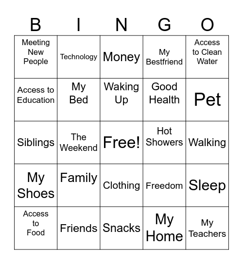 Gratitude Bingo Card