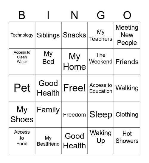 Gratitude Bingo Card