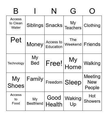 Gratitude Bingo Card