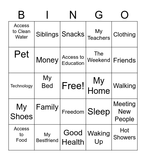 Gratitude Bingo Card