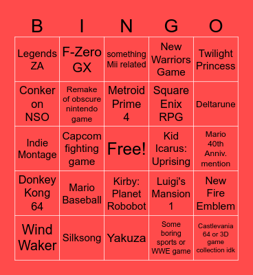 Last Switch 1 Nintendo Direct Bingo Card