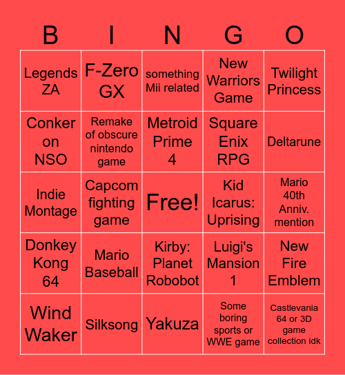 Last Switch 1 Nintendo Direct Bingo Card