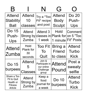 Too Fit To Quit Studio Bingo Card