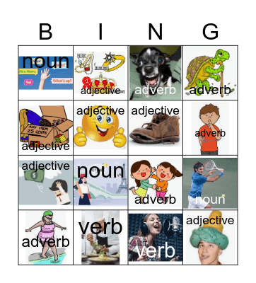 NOUNS/ADJECTIVES/VERBS/ADVERBS Bingo Card