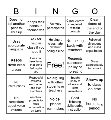 Behavior Bingo Card