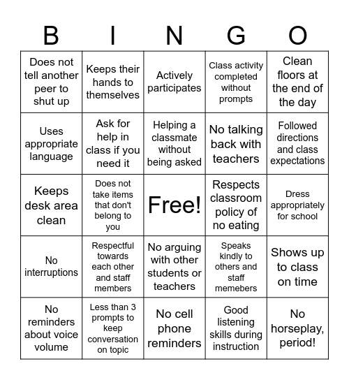 Behavior Bingo Card