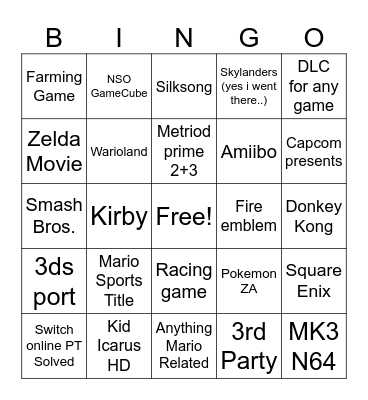 Nintendo Direct Bingo Card