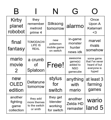 Nintendo Direct Bingo Card