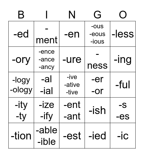 Suffix Bingo Card