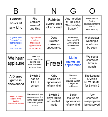 Epilogue Nintendo Bingo Card