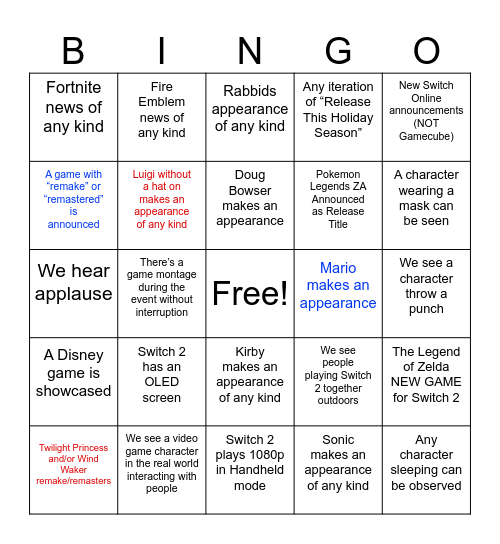 Epilogue Nintendo Bingo Card