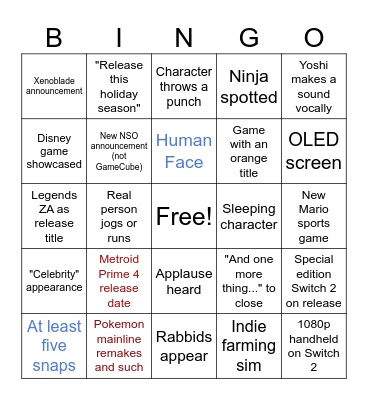 DelightfullyCasual Nintendo Direct Bingo Card