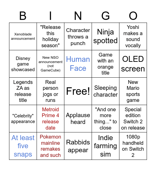 DelightfullyCasual Nintendo Direct Bingo Card
