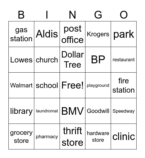 Places Around Town Bingo Card