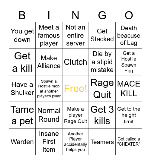 Minecraft Pillars Bingo Card