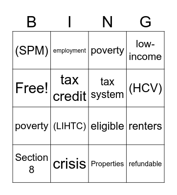Renter's Tax Credit Bingo Card