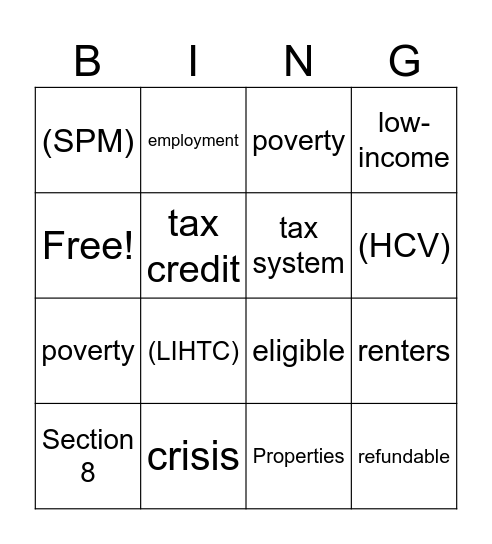 Renter's Tax Credit Bingo Card