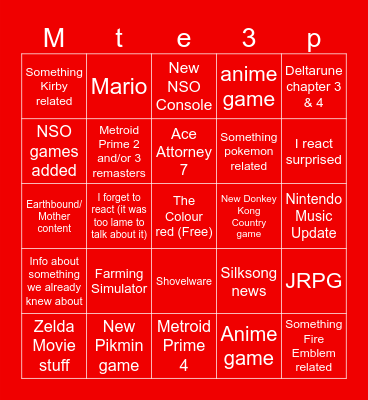 Nintendo Direct Bingo Card Bingo Card