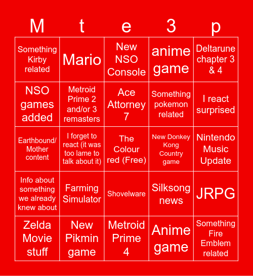 Nintendo Direct Bingo Card Bingo Card