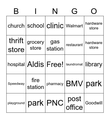 Places Around Town Bingo Card