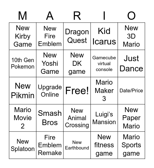 Nintendo Direct Bingo Card