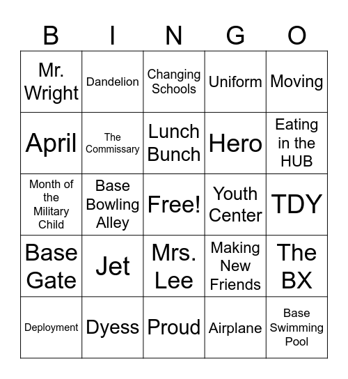 Military Child Bingo Card
