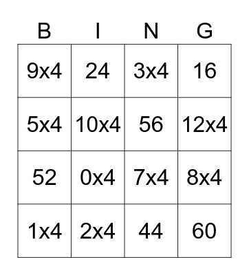 4 Times Table Bingo Card