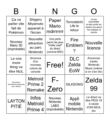 Nintendo Direct 25/03/2025 Bingo Card