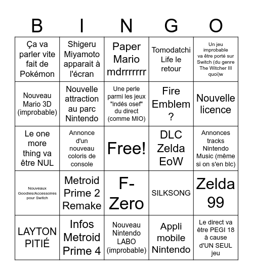 Nintendo Direct 25/03/2025 Bingo Card