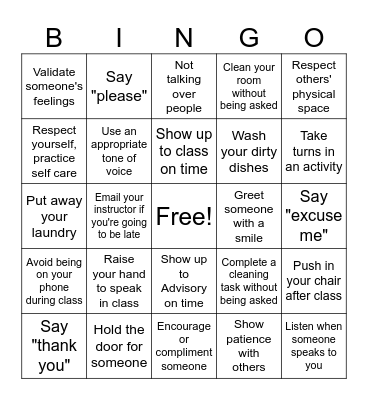 3Rs Bingo - Respect Bingo Card