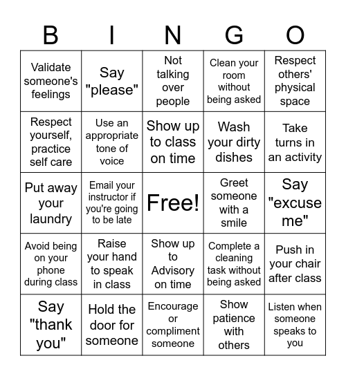 3Rs Bingo - Respect Bingo Card