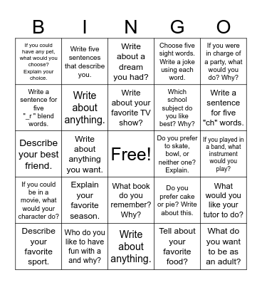 Reach Five Sentence Writing Bingo Card