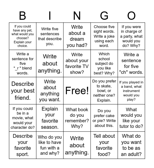 Reach Five Sentence Writing Bingo Card