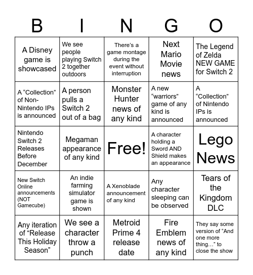 EG Nintendo Direct 3/27/2025 Bingo Card