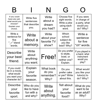 Reach Five Sentence Writing Bingo Card